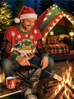 Ugly Christmas Sweater It's Our Time Santa and Rudolph Camping Out Unisex Sz L